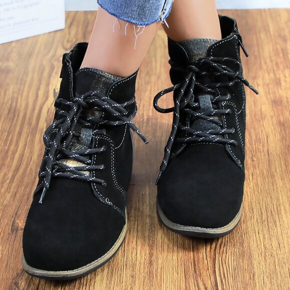Women's Black Genuine Leather Suede Ankle Lace Bootie with Side Zipper - Picture 6 of 10